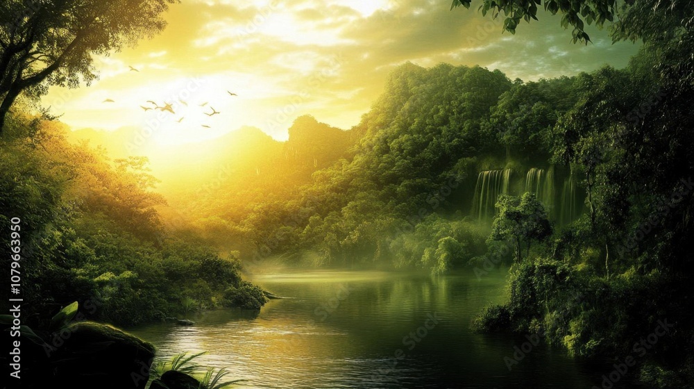 Obraz premium Tranquil River Flows Through Lush Jungle, Birds Soar Above, Magical Sunrise