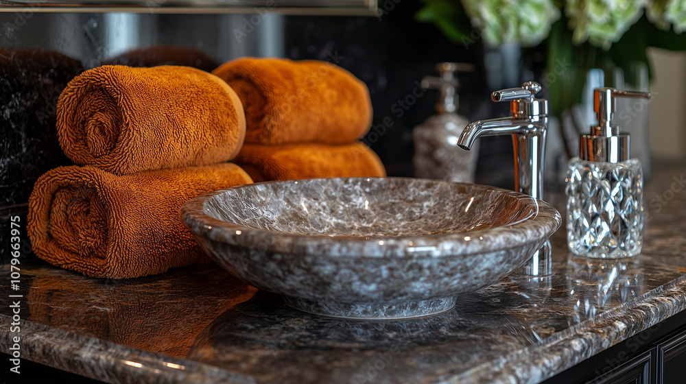 Fototapeta premium Luxury Bathroom Sink and Rolled Towels 