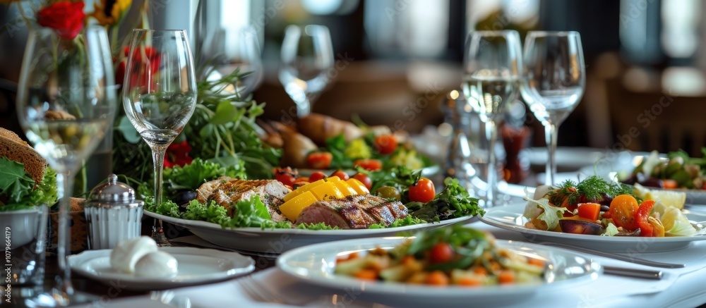 Elegant Dinner Table Setting with Grilled Meat, Salad, and Wine Glasses Elegant Dinner Table Setting with Grilled Meat, Salad, and Wine Glasses