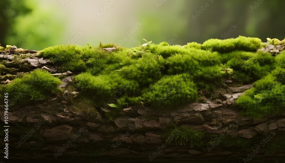 Natural macro shot. Textured moss on bark, rich greens and browns, forest background, 3D illustration. Natural macro shot. Textured moss on bark, rich greens and browns, forest background, 3D illustration.