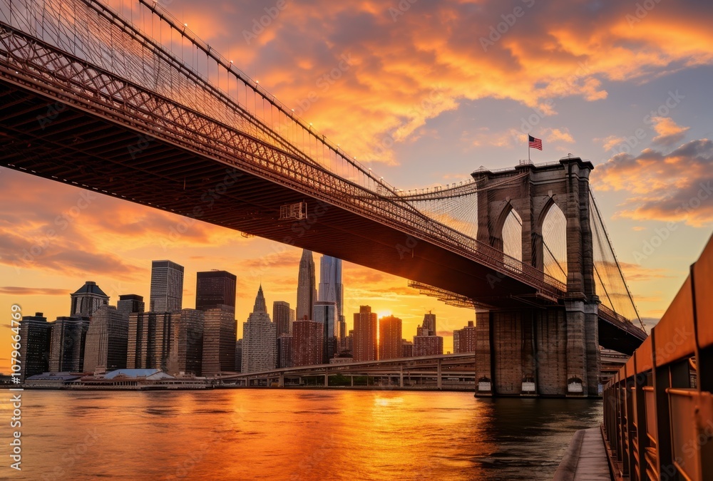 Fototapeta premium The Brooklyn Bridge at Sunset Overlooking the Manhattan Skyline