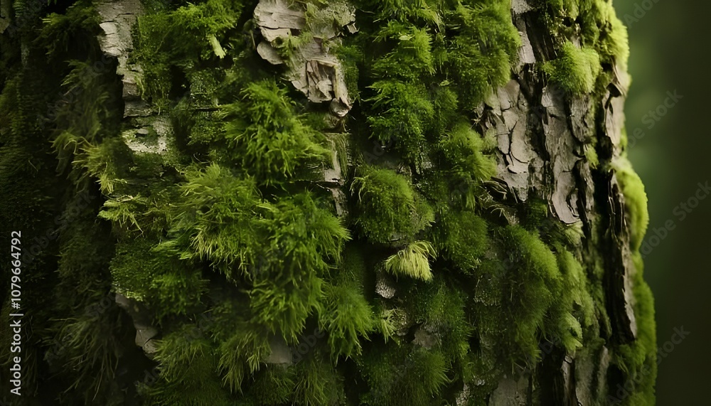 Natural macro shot. Textured moss on bark, rich greens and browns, forest background, 3D illustration. Natural macro shot. Textured moss on bark, rich greens and browns, forest background, 3D illustration.