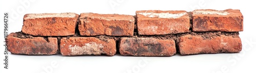 A row of vintage red bricks, isolated on a white background, showcasing unique textures and colors. photo