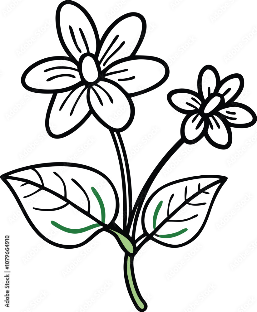 Outline Drawing of Two Flowers with Leaves, Black and white outline illustration of two blooming flowers with detailed petals, large leaves, and a simple green stem, showcasing a minimalistic design.
Outline Drawing of Two Flowers with Leaves, Black and white outline illustration of two blooming flowers with detailed petals, large leaves, and a simple green stem, showcasing a minimalistic design.
