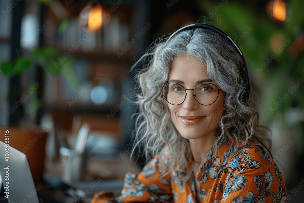 Happy smiling mature woman with grey curly hair using headset and laptop in modern office during video call for customer support Happy smiling mature woman with grey curly hair using headset and laptop in modern office during video call for customer support