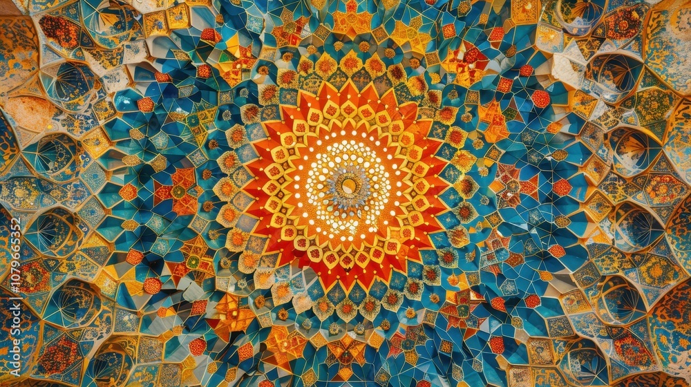 Intricate Mosaic Ceiling with Geometric Patterns and Vibrant Colors Intricate Mosaic Ceiling with Geometric Patterns and Vibrant Colors