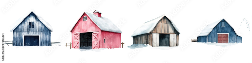Picturesque snow covered rustic barn nestled in a serene peaceful winter landscape This idyllic rural scene captures the charm and beauty of a traditional countryside homestead Picturesque snow covered rustic barn nestled in a serene peaceful winter landscape This idyllic rural scene captures the charm and beauty of a traditional countryside homestead