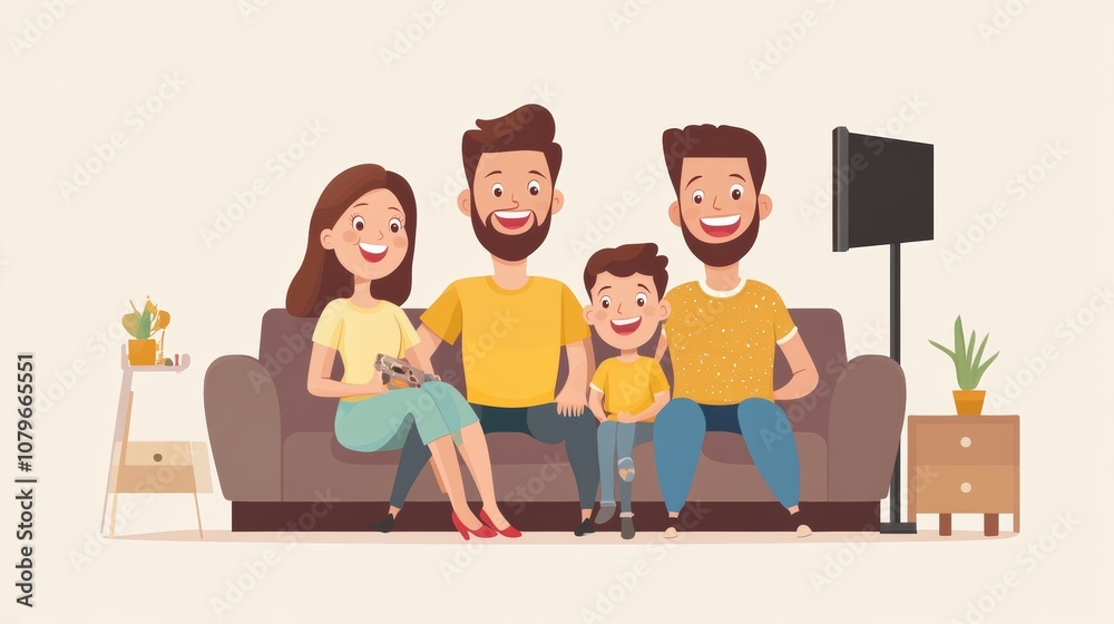 Smiling Caucasian family sitting on the couch and watching a comedy on the TV
