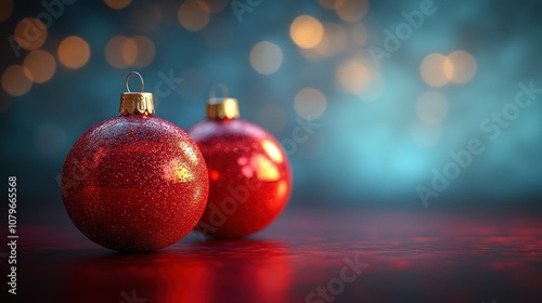 Two glittering red Christmas ornaments on a festive background.