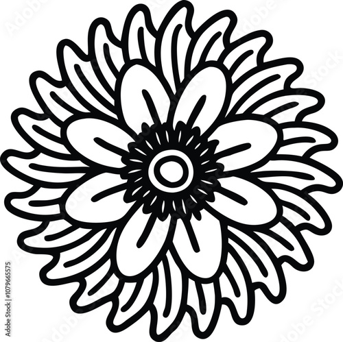 Detailed Floral Mandala Outline Illustration, Black and white outline illustration of a complex flower with layered petals, featuring a decorative and intricate mandala-like design. 