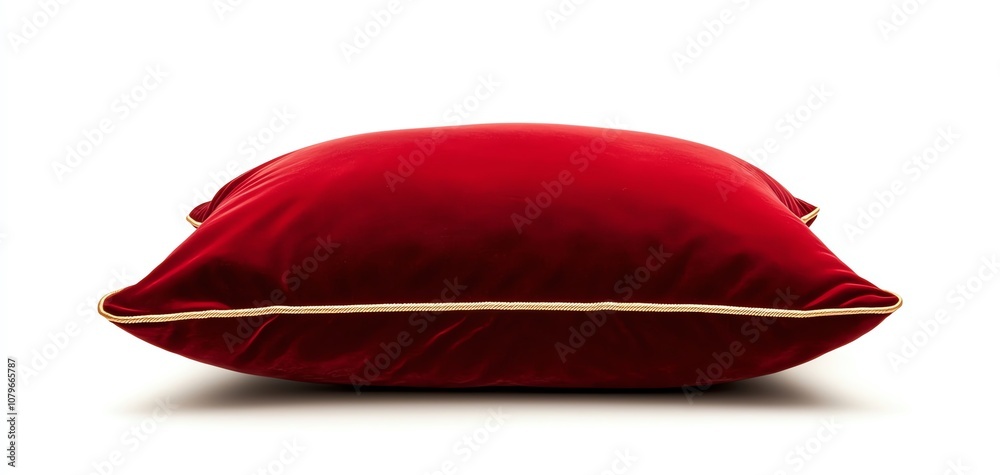 Plush red pillow with a golden trim, isolated on a white background, perfect for home decor and comfort.