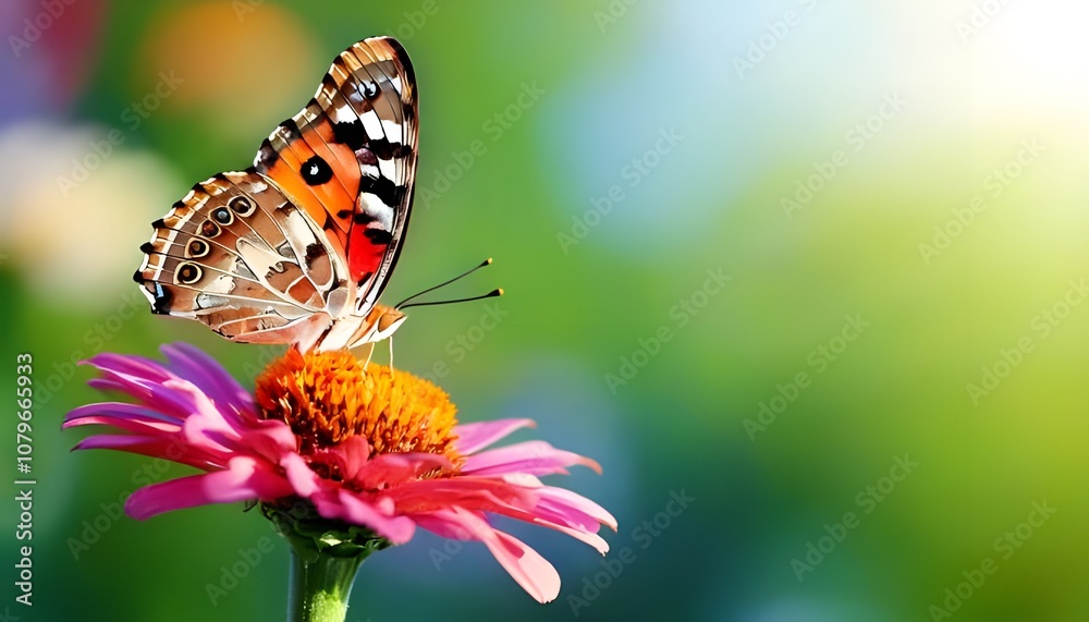 Natural macro shot. Vibrant butterfly on flower, focused close-up, natural soft background, 3D illustration. Natural macro shot. Vibrant butterfly on flower, focused close-up, natural soft background, 3D illustration.