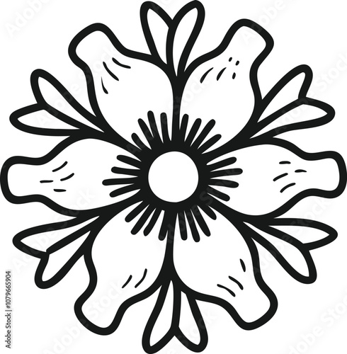 Intricate Floral Outline Vector Design, Detailed black and white outline illustration of a flower with complex petals and a decorative center, showcasing an ornamental and artistic style.
