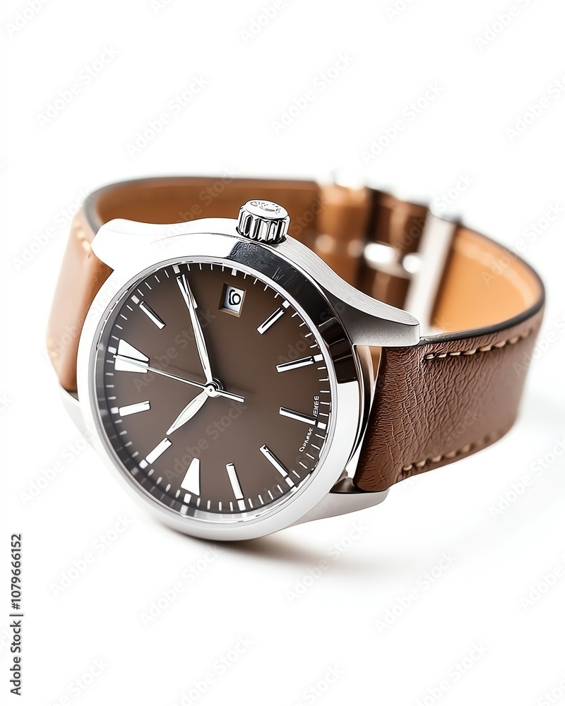 Stylish brown leather wristwatch with a sleek silver dial, perfect for modern fashion enthusiasts. Stylish brown leather wristwatch with a sleek silver dial, perfect for modern fashion enthusiasts.