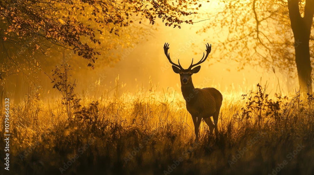 Obraz premium A deer emerging from the misty woods at dawn, creating a serene and mystical atmosphere
