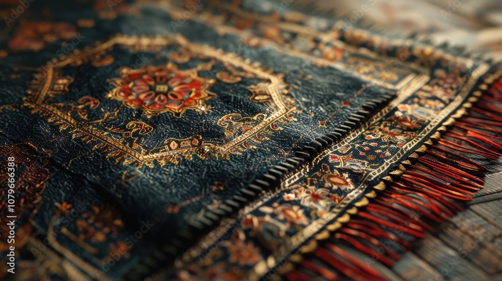 Close-up of an Ornate Rug with Red Fringe and Detailed Patterns Close-up of an Ornate Rug with Red Fringe and Detailed Patterns