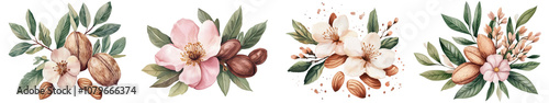 Vibrant and delicate watercolor painting showcasing a stunning floral arrangement with lush foliage and spiced nuts  The composition features a mix of beautiful blooms almond nuts and a warm