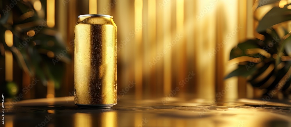 Golden Aluminum Can with Water Droplets Golden Aluminum Can with Water Droplets