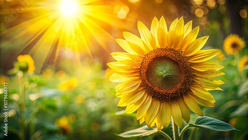 A Single Sunflower Basking in the Golden Rays of the Setting Sun, a Field of Blooming Yellow Flowers in the Background