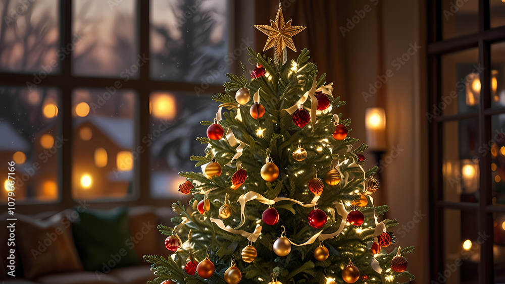 close-up image of a Christmas tree illuminated by the warm glow of sunset light streaming through a nearby window close-up image of a Christmas tree illuminated by the warm glow of sunset light streaming through a nearby window