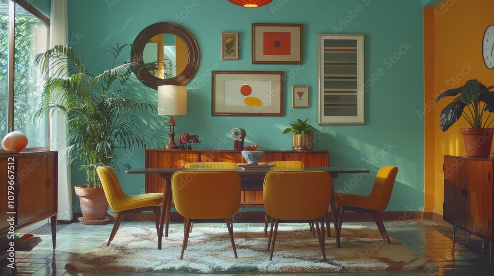 Mid-Century Modern Dining Room Interior with Teal and Yellow Walls