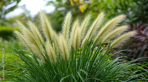 Elegant Pampas Grass Blooms Surrounded by Lush Greenery in a Serene Garden Setting Captured in Vibrant Detail During a Misty Morning in Nature photo