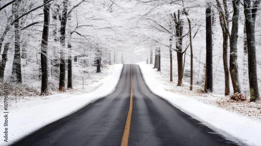 Serene Winter Road Surrounded by Snow-Covered Trees Creating a Tranquil and Picturesque Scenic Landscape in a Winter Wonderland Serene Winter Road Surrounded by Snow-Covered Trees Creating a Tranquil and Picturesque Scenic Landscape in a Winter Wonderland