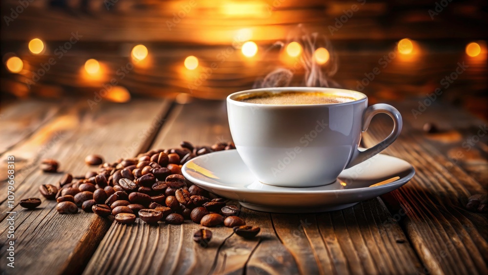 Fototapeta premium Elegant White Coffee Cup with Handle on Rustic Wooden Table - Perfect for Beverage Photography and Cafe Aesthetic