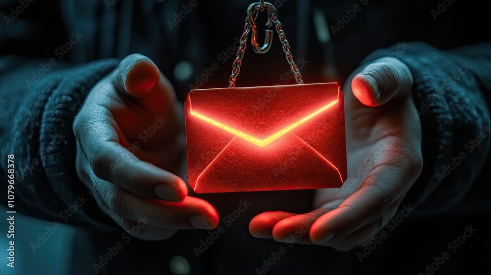 Phishing from scammers, smishing assault, and spam phishing scheme. The criminal hacker's hand holding a red envelope with a hook icon is used to transmit fraud, malware, and virus-spreading text mess