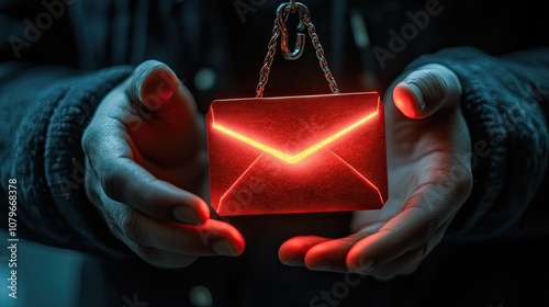 Obraz na płótnie Phishing from scammers, smishing assault, and spam phishing scheme. The criminal hacker's hand holding a red envelope with a hook icon is used to transmit fraud, malware, and virus-spreading text mess w salonie