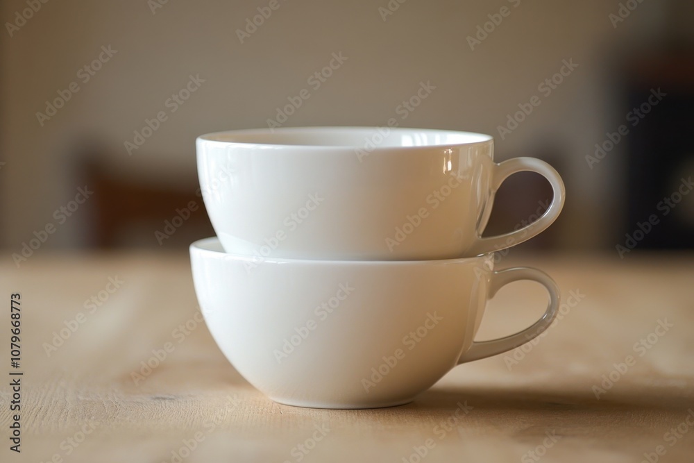 Two white coffee mugs stacked on a wooden table. Two white coffee mugs stacked on a wooden table.