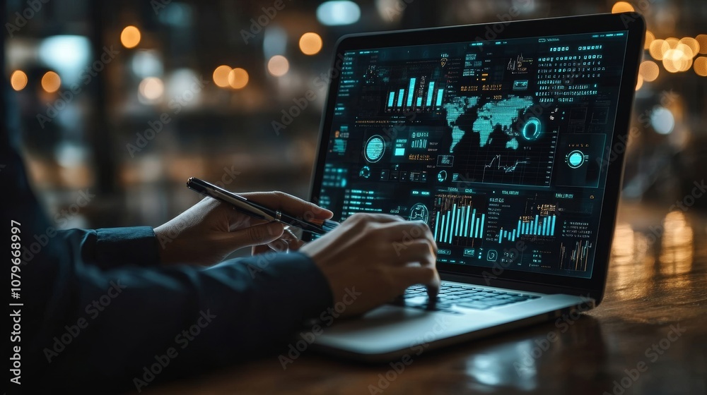 Manager studying digital icons related to finance Manager studying digital icons related to finance