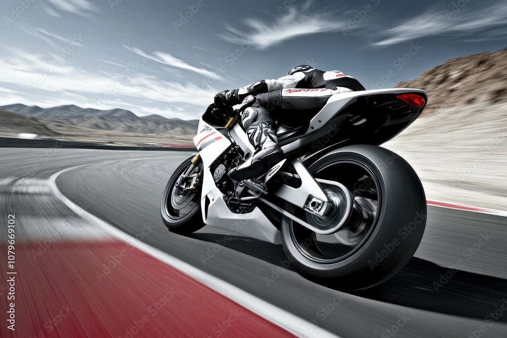 Fototapeta premium A white motorcycle speeds around a racetrack with mountains in the background.