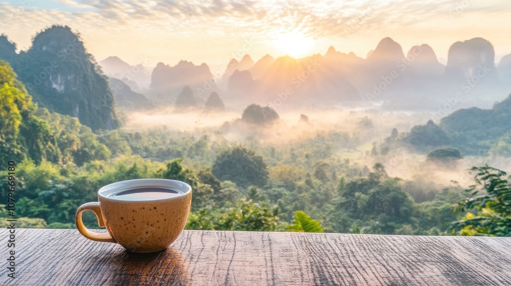 Serene Landscape with Morning Mist Over Mountains and a Cup of Coffee on Wooden Table, Capturing Nature's Beauty at Sunrise Serene Landscape with Morning Mist Over Mountains and a Cup of Coffee on Wooden Table, Capturing Nature's Beauty at Sunrise