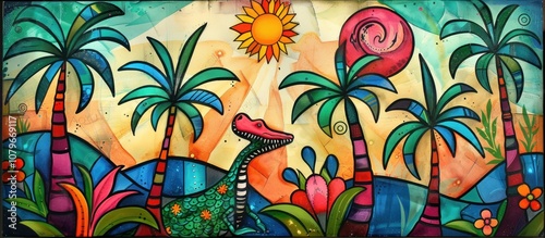 Colorful Tropical Landscape with a Dinosaur