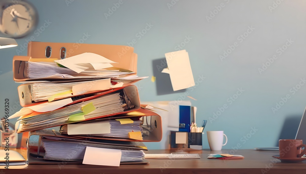 Workspace cluttered with documents, signs of stress and fatigue. Workspace cluttered with documents, signs of stress and fatigue.