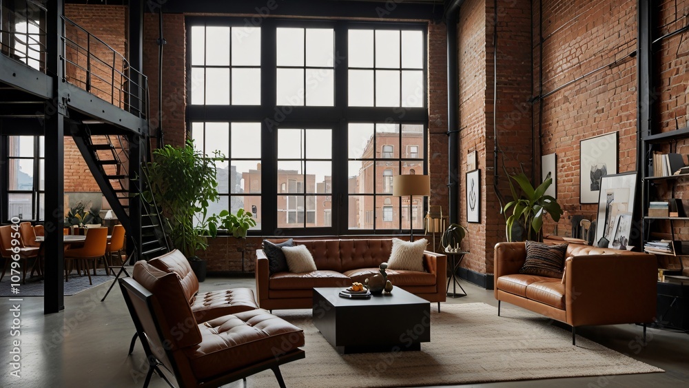 Modern Loft Living Room with Leather Sofas and City View Modern Loft Living Room with Leather Sofas and City View