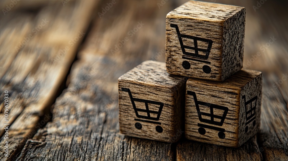 wooden cubes with a trend-up graph and icons for shopping carts. For online e-commerce businesses and internet marketing strategy concepts, increase sales volume and shopping carts.