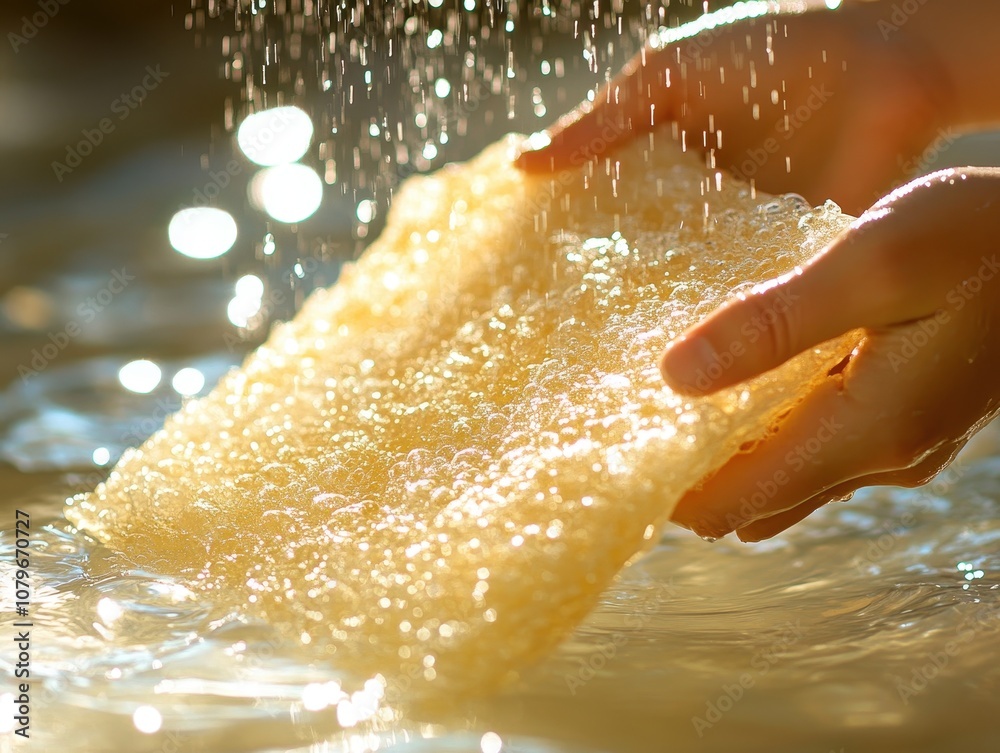 Fototapeta premium A Hand Holding a Soapy Sponge in Water.