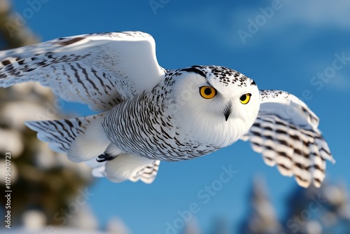 A digital 3D illustration of a snowy owl gliding through a winter landscape with vibrant colors photo