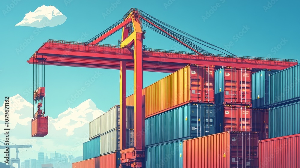 Fototapeta premium Illustration in surrealist vector art style, showcasing metal imported containers lifted by cranes at busy port terminals, highlighting details, industrial machinery, and maritime logistics operations