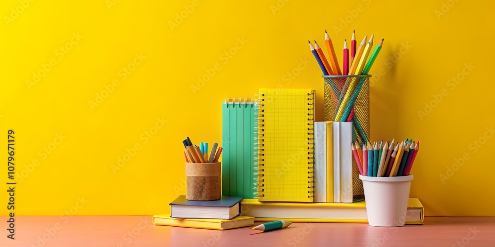A colorful array of pencils, notebooks, and books arranged on a desk against a vibrant yellow backdrop, ready for creative expression. A colorful array of pencils, notebooks, and books arranged on a desk against a vibrant yellow backdrop, ready for creative expression.