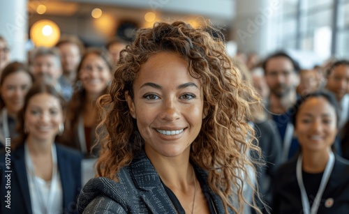 Happy diverse team taking a group selfie at a business event