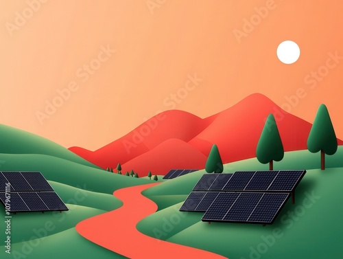 Economic Growth and Climate Change concept. A vibrant illustration featuring solar panels in a hilly landscape, with rolling green hills, red mountains, and a bright sun against an orange sky. photo