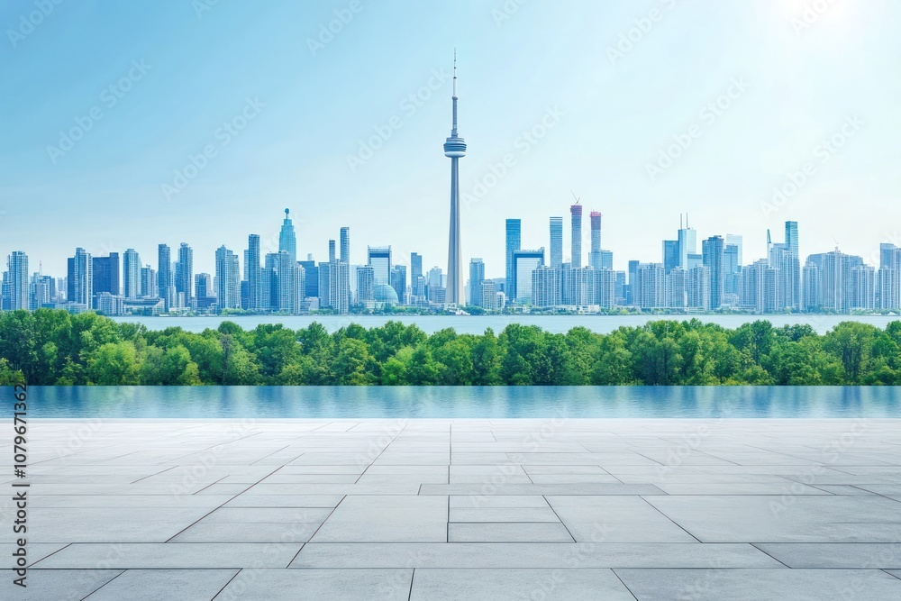 A bright skyline view of a city with a prominent tower and green waterfront. A bright skyline view of a city with a prominent tower and green waterfront.