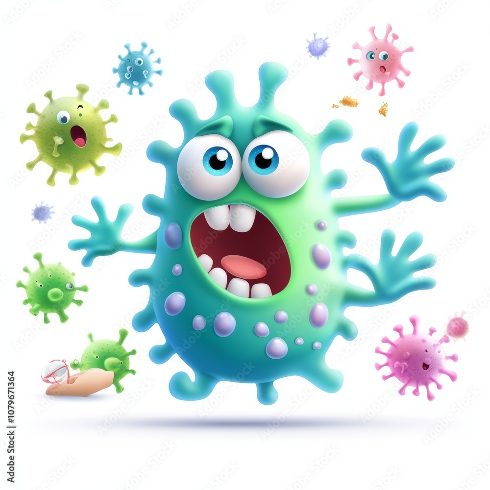 Fototapeta premium Cartoon Germ Character Surrounded by Colorful Microbes