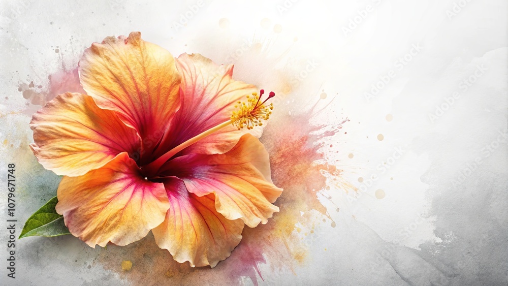 A vibrant hibiscus flower with delicate petals, set against a backdrop of abstract watercolor splatters, evokes a sense of natural beauty and artistic expression. A vibrant hibiscus flower with delicate petals, set against a backdrop of abstract watercolor splatters, evokes a sense of natural beauty and artistic expression.
