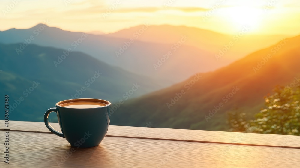 Serene Morning Coffee on a Wooden Table with Scenic Mountain View During Sunrise, Evoking Calmness and Peaceful Nature Vibes