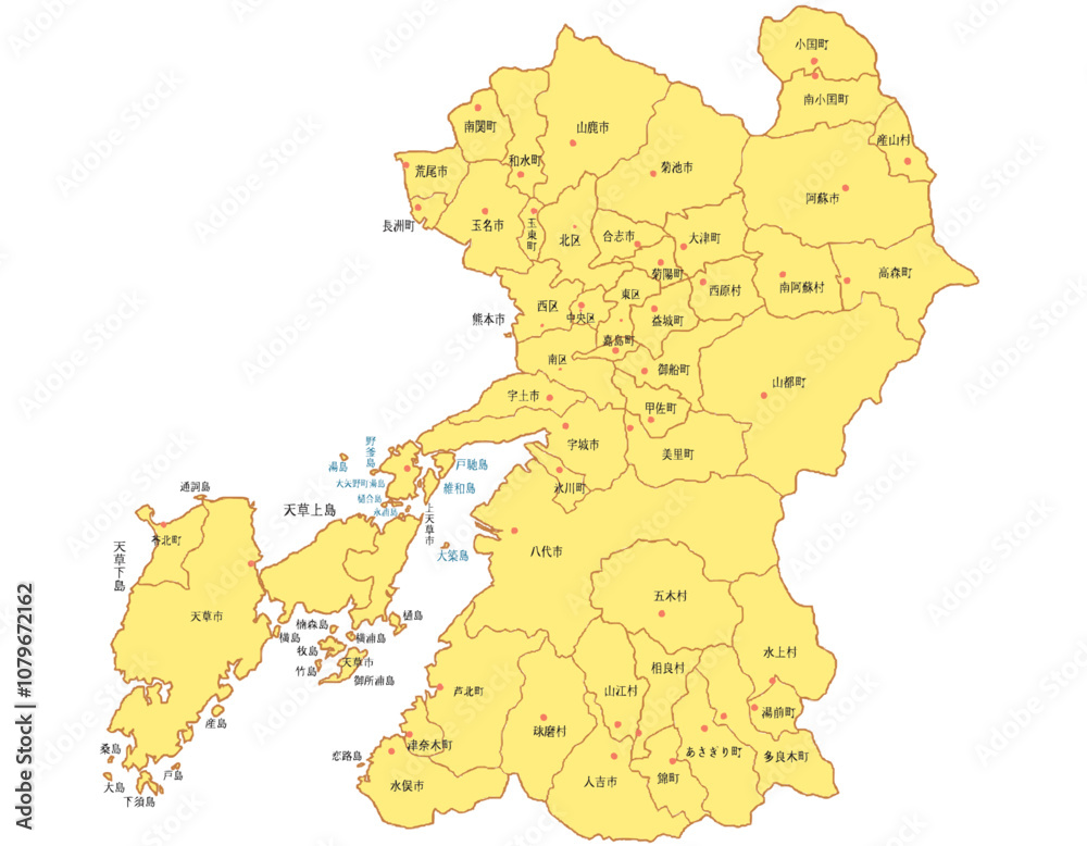 Obraz premium 熊本県 地図 黄色 イラスト