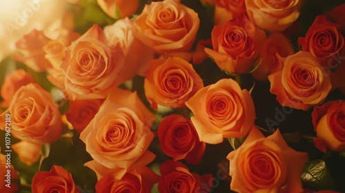 Vibrant and Lush Orange and Peach Roses in Full Bloom Creating a Beautiful Floral Background Perfect for Celebrations, Weddings, and Romantic Occasions